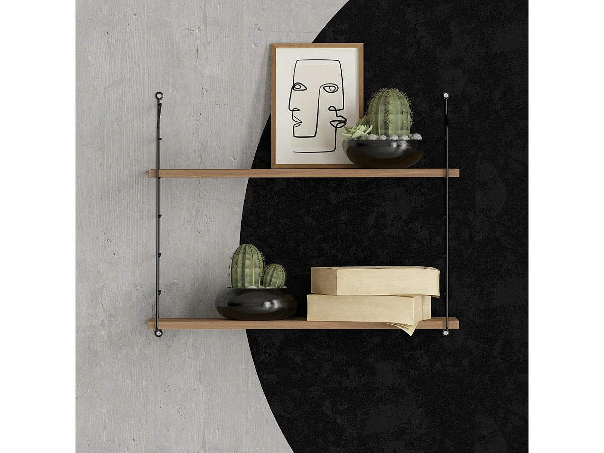 Etagère murale décor noyer 2 plateaux à montants noirs JENA