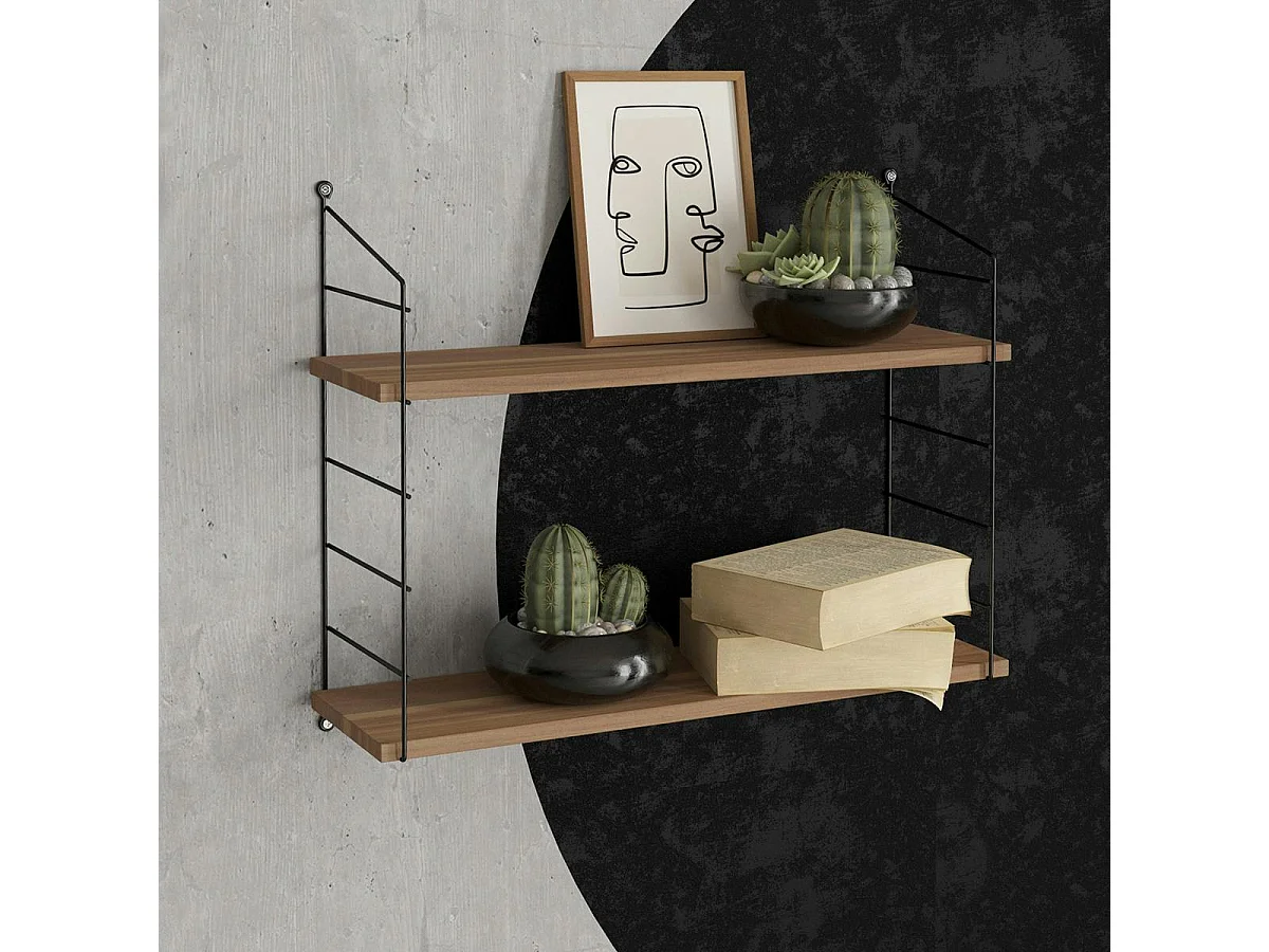 Etagère murale décor noyer 2 plateaux à montants noirs JENA