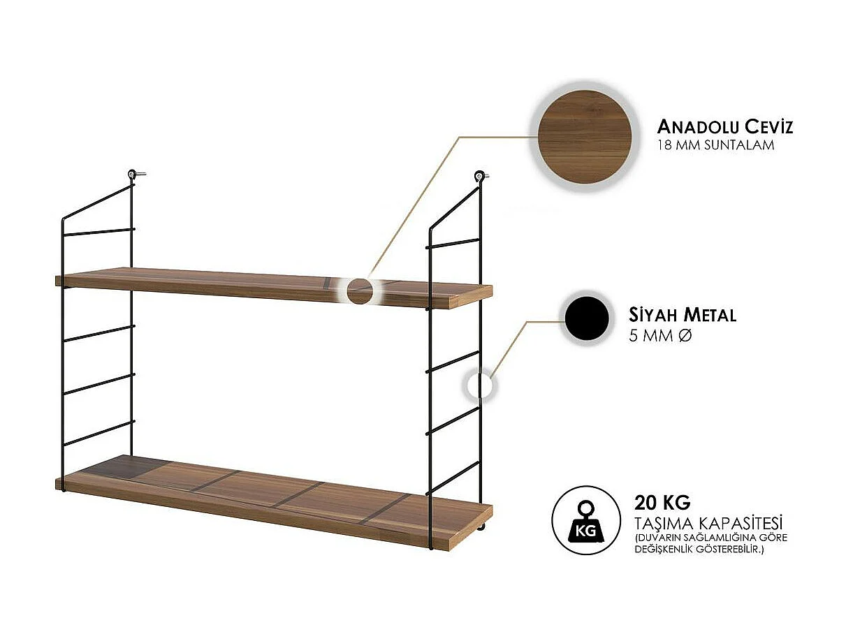 Etagère murale décor noyer 2 plateaux à montants noirs JENA
