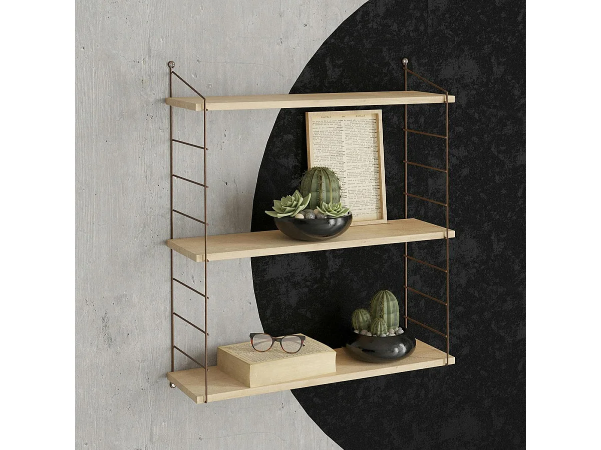 Étagère murale 3 plateaux décor bois et métal cuivré JENA