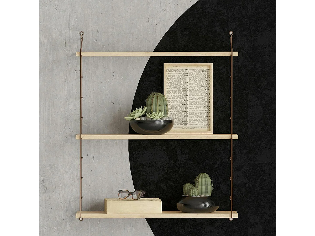 Étagère murale 3 plateaux décor bois et métal cuivré JENA