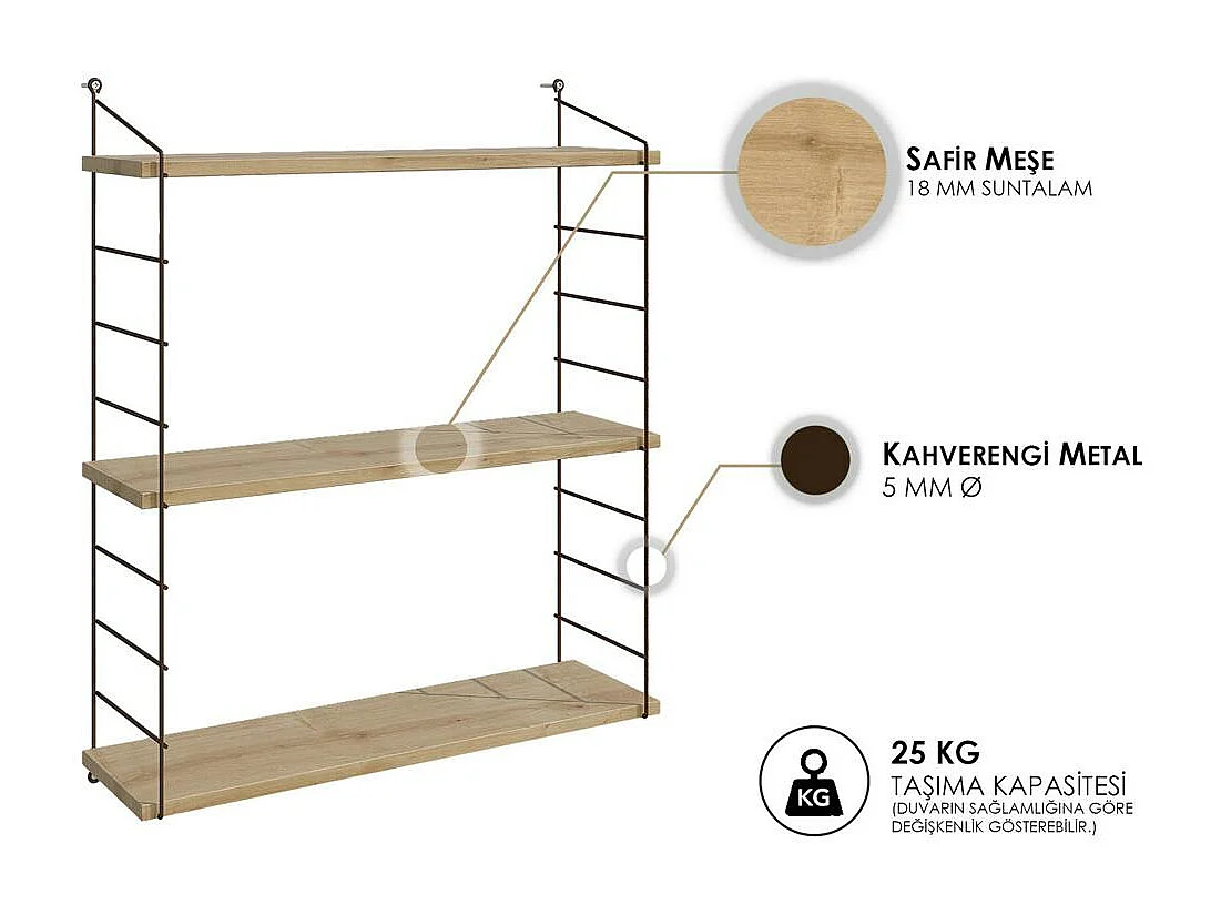 Étagère murale 3 plateaux décor bois et métal cuivré JENA