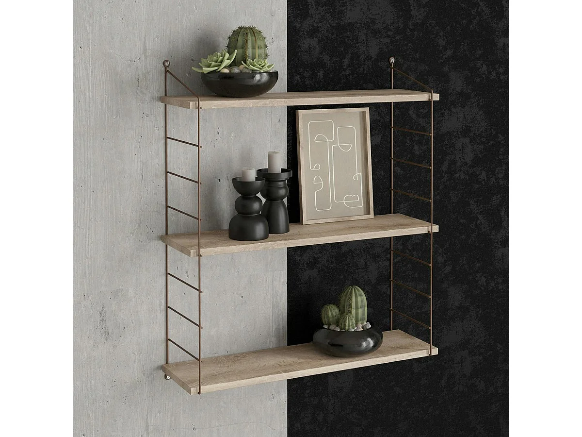 Étagère murale décor bois 3 plateaux supports métal cuivré JENA