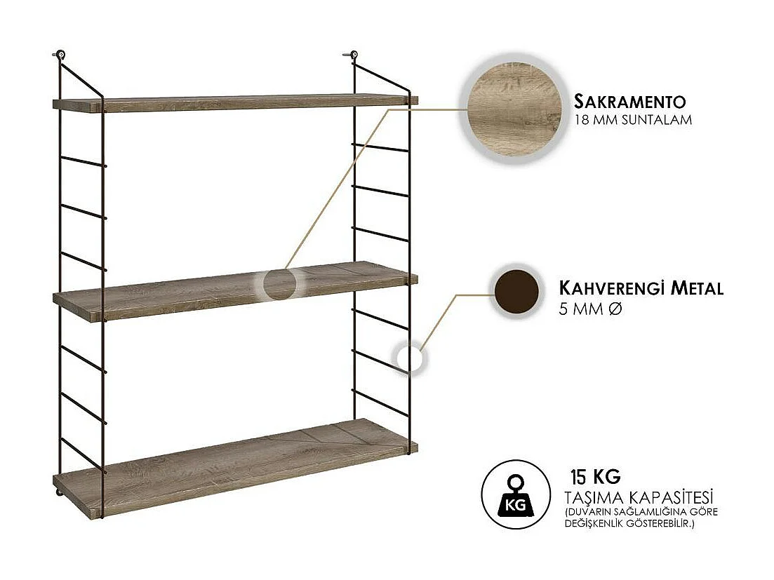 Étagère murale décor bois 3 plateaux supports métal cuivré JENA