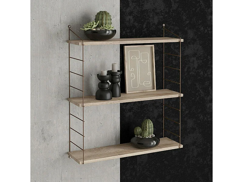 Étagère murale décor bois 3 plateaux supports métal cuivré JENA