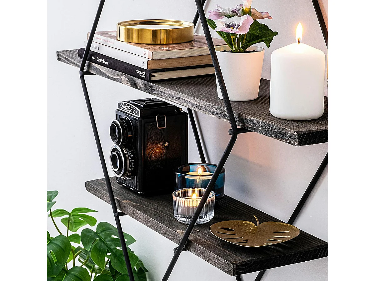 Etagère décorative noire losange décor bois foncé JENA