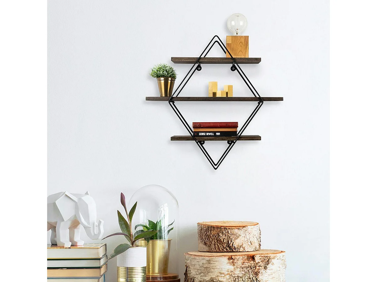 Etagère décorative noire losange décor bois foncé JENA