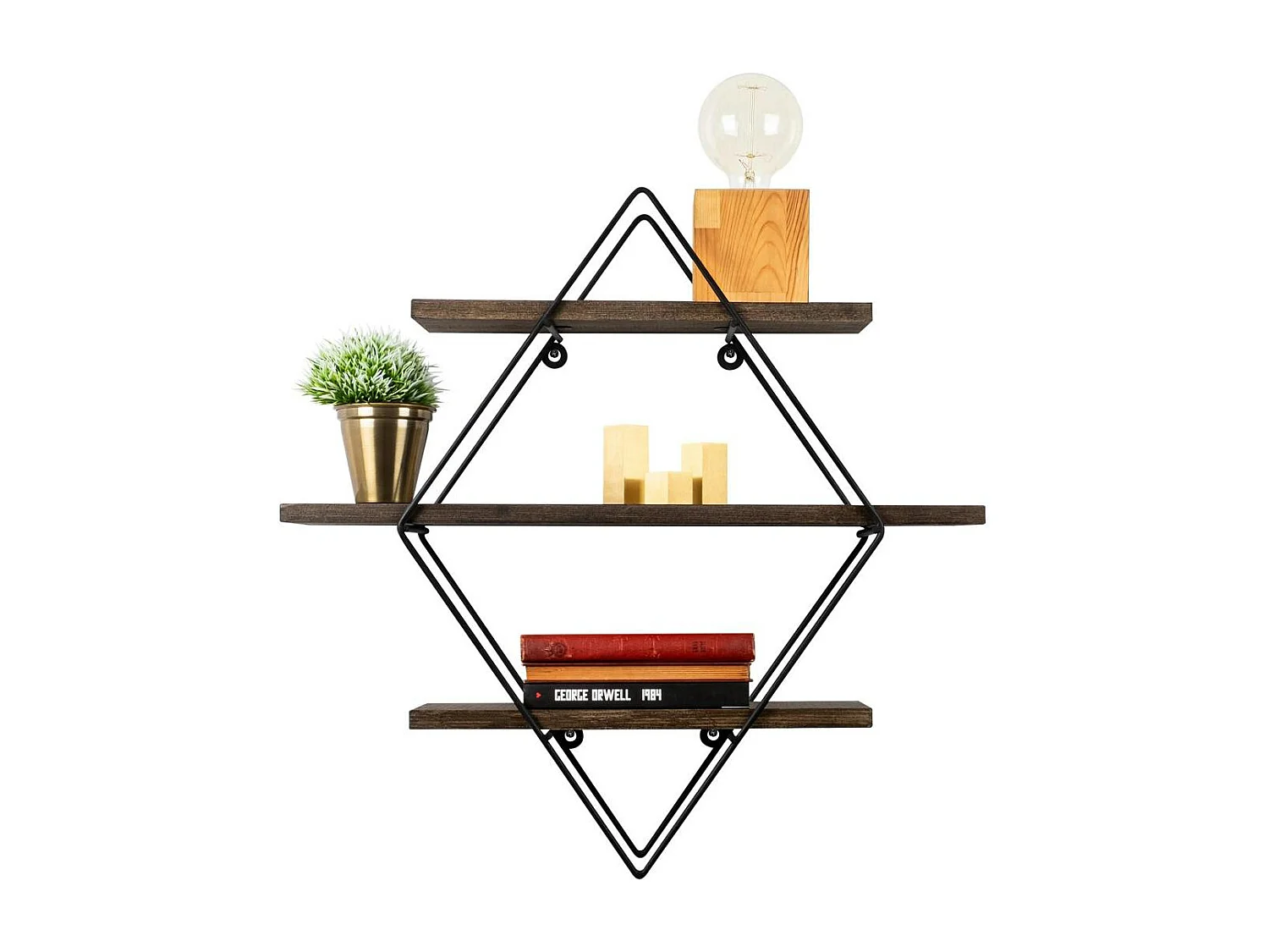 Etagère décorative noire losange décor bois foncé JENA