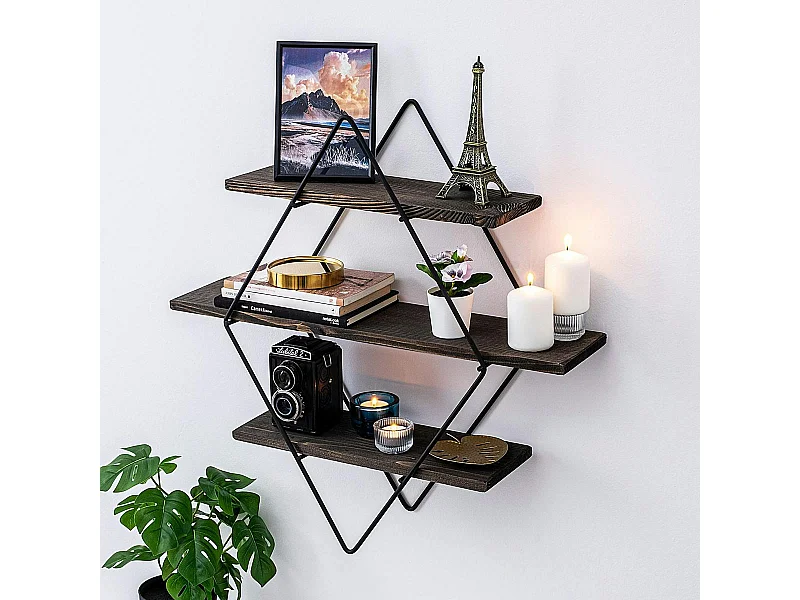 Etagère décorative noire losange décor bois foncé JENA