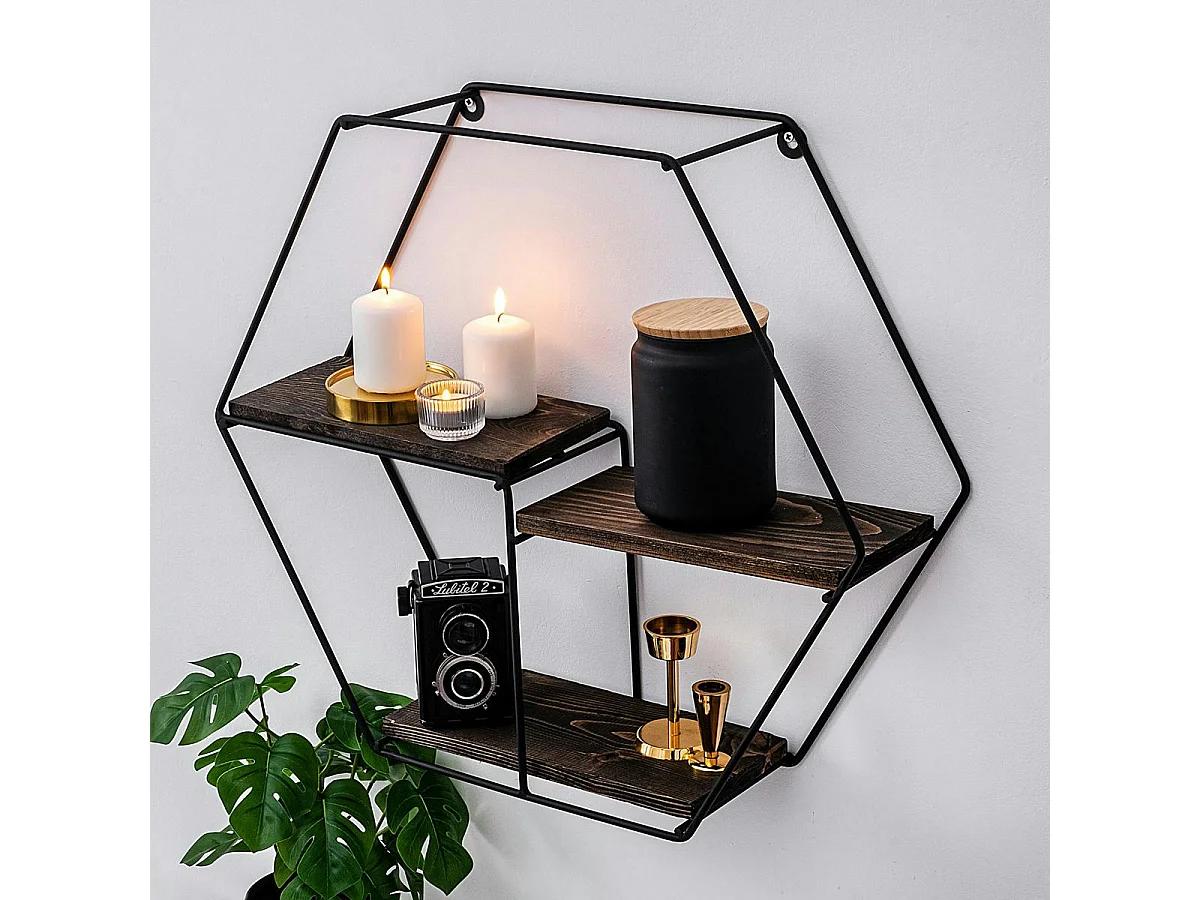 Étagère noire décorative hexagone décor bois foncé JENA