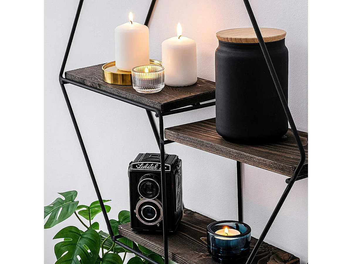 Étagère noire décorative hexagone décor bois foncé JENA