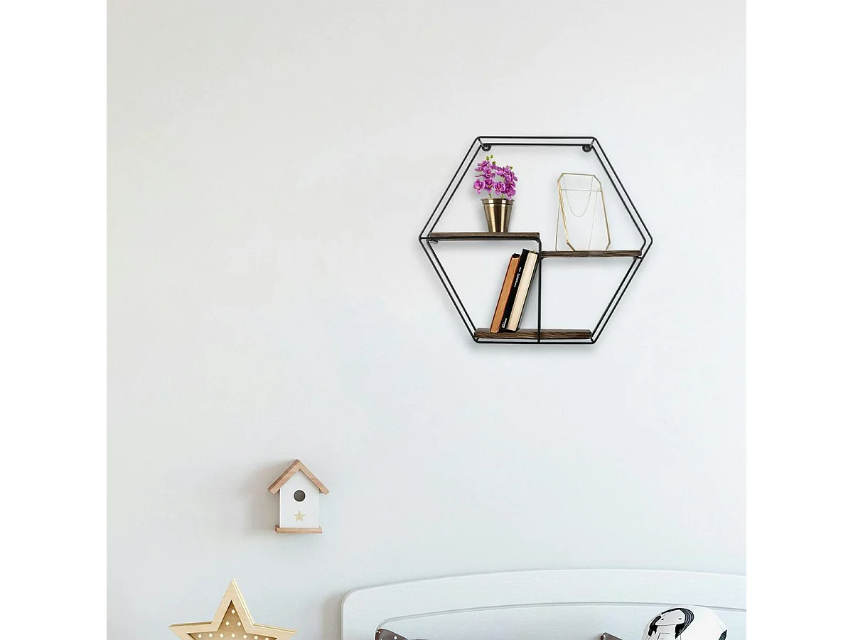 Étagère noire décorative hexagone décor bois foncé JENA