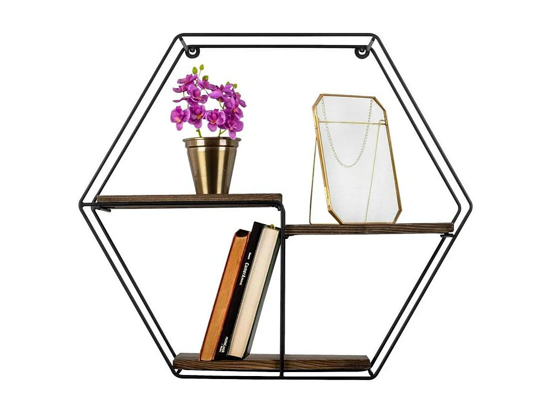 Étagère noire décorative hexagone décor bois foncé JENA