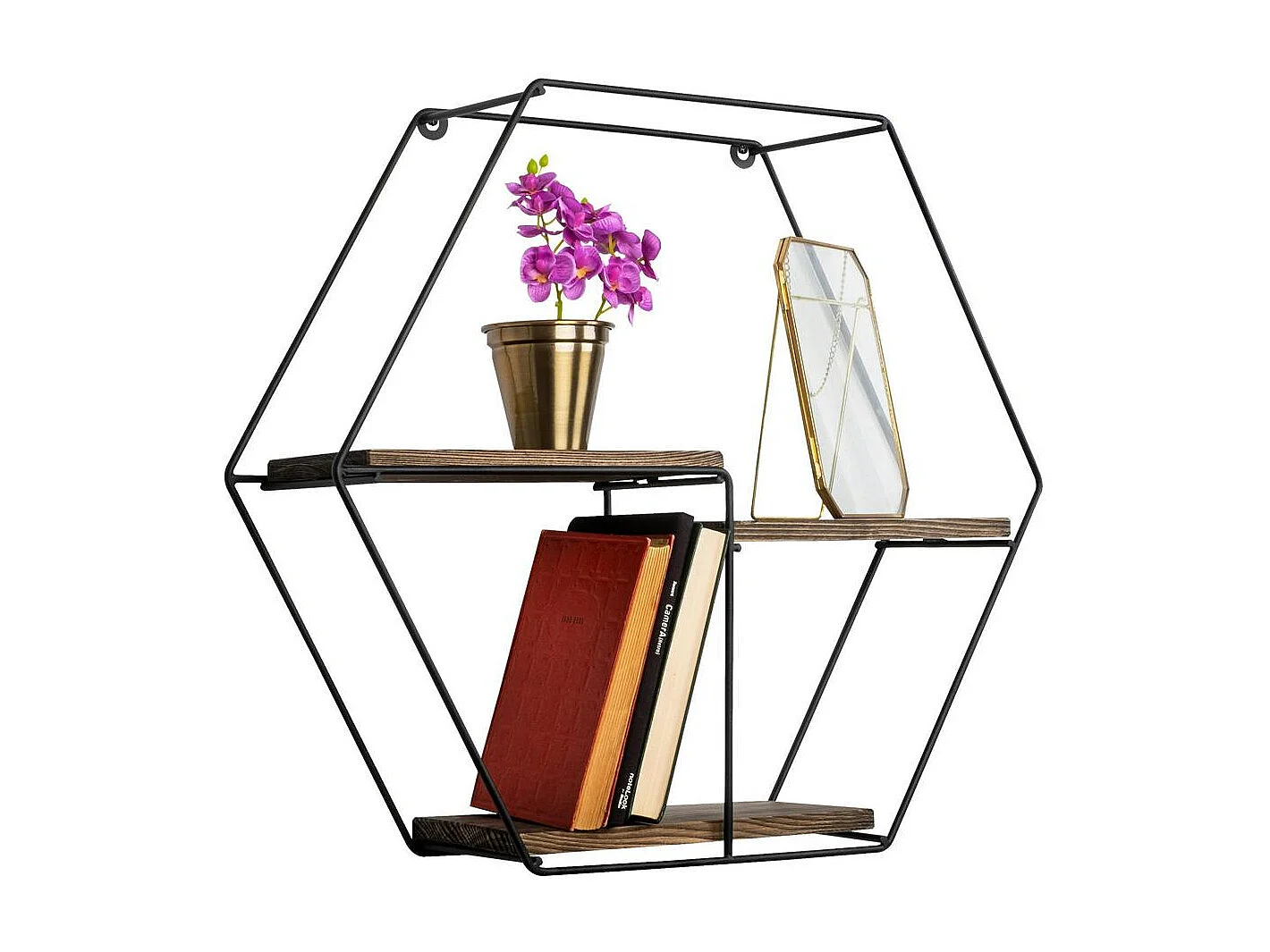 Étagère noire décorative hexagone décor bois foncé JENA