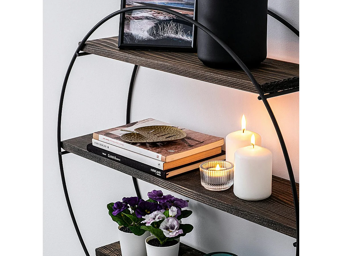 Etagère ronde noire 3 plateaux décor bois foncé JENA