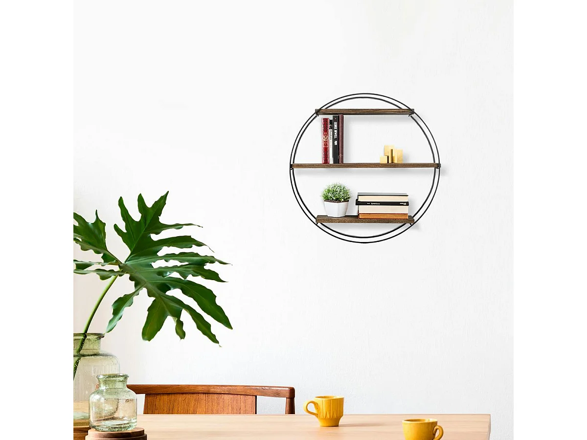 Etagère ronde noire 3 plateaux décor bois foncé JENA