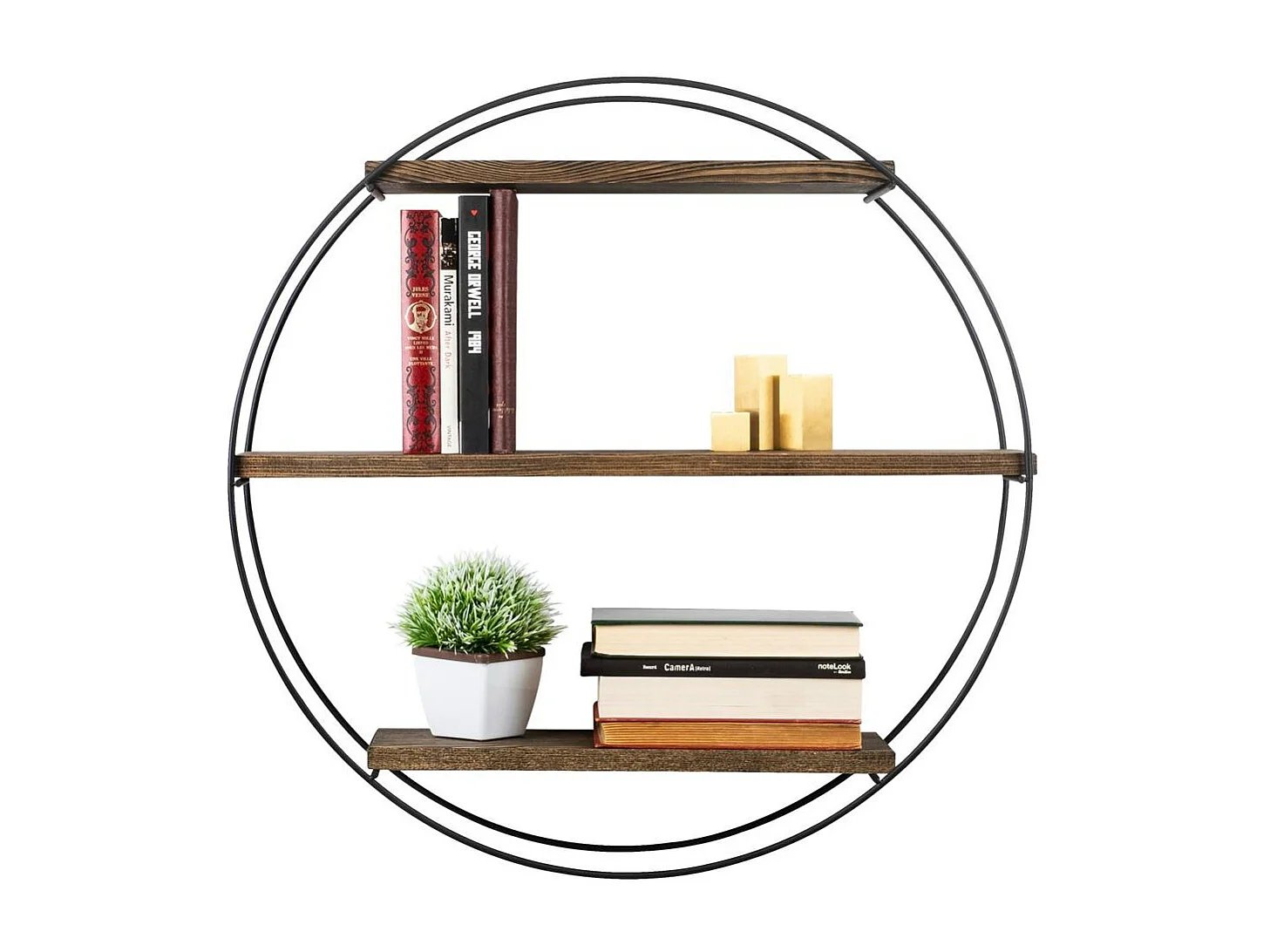 Etagère ronde noire 3 plateaux décor bois foncé JENA