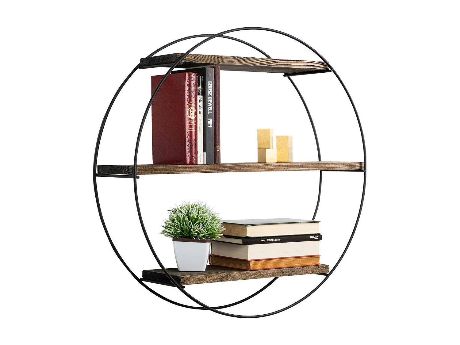 Etagère ronde noire 3 plateaux décor bois foncé JENA