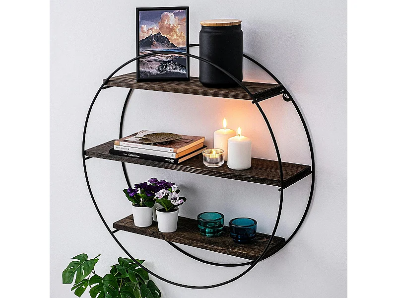 Etagère ronde noire 3 plateaux décor bois foncé JENA