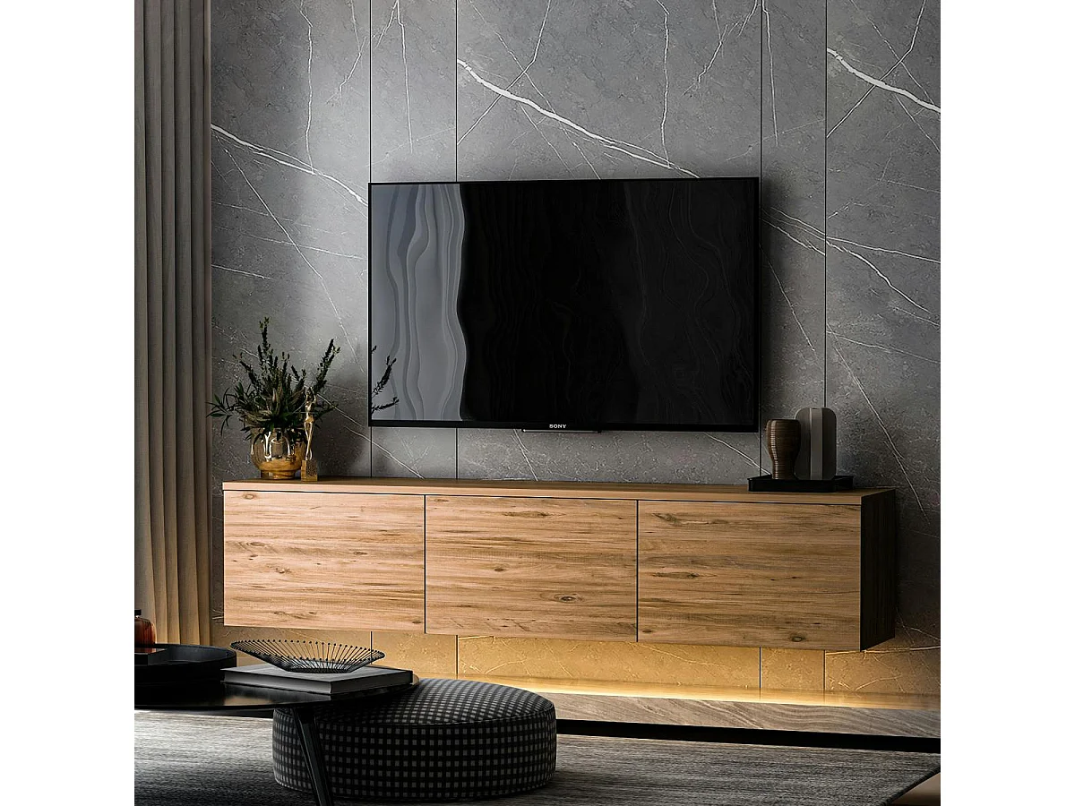 Meuble TV suspendu avec LED et caisson décor bois MARFA