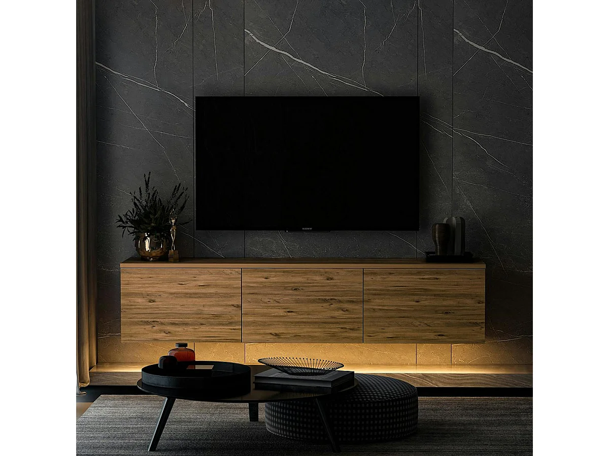 Meuble TV suspendu avec LED et caisson décor bois MARFA