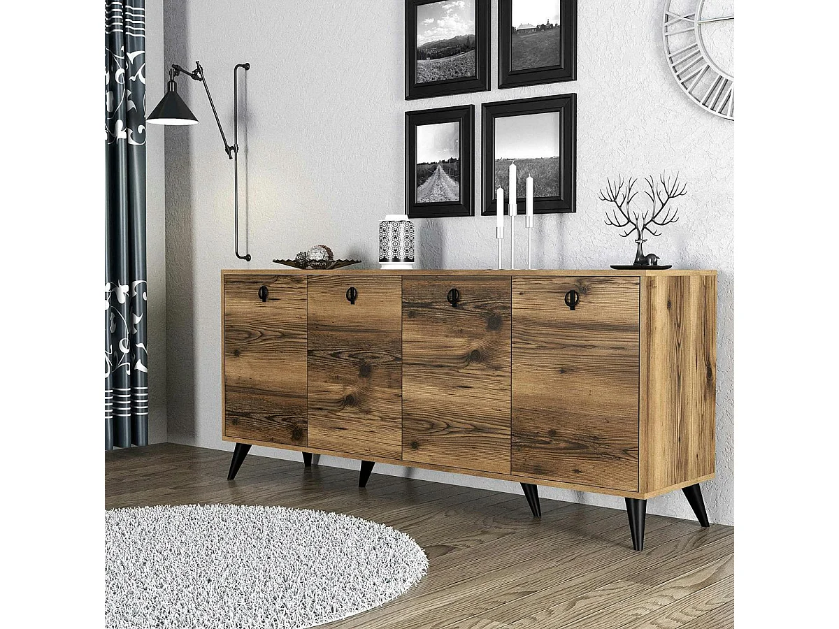 Buffet moderne 4 portes effet noyer, poignées à anneaux UMEA