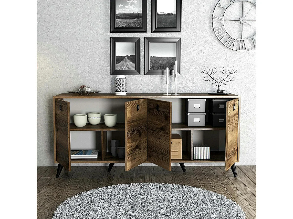 Buffet moderne 4 portes effet noyer, poignées à anneaux UMEA