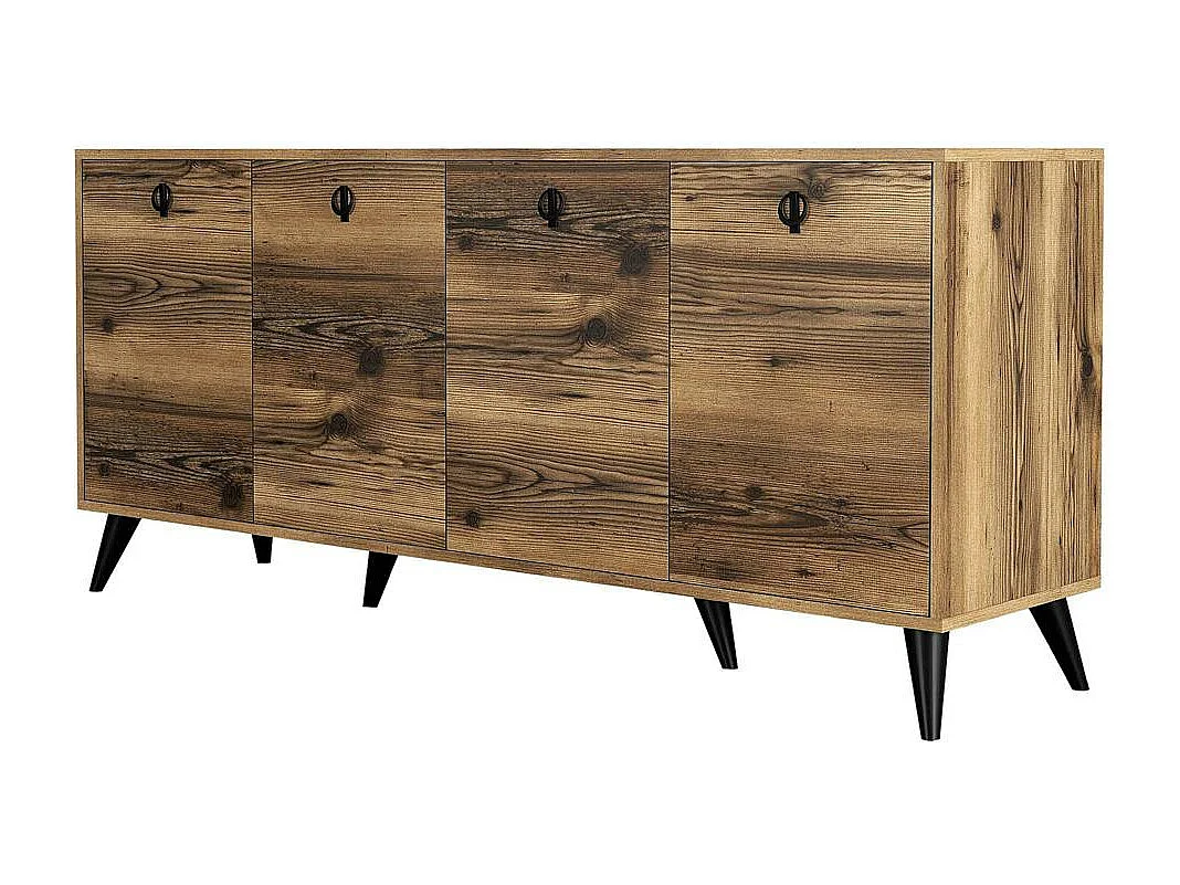 Buffet moderne 4 portes effet noyer, poignées à anneaux UMEA