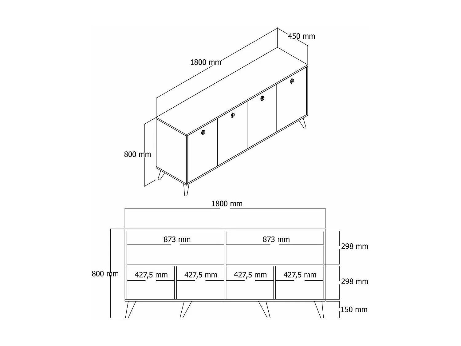 Buffet moderne 4 portes effet noyer, poignées à anneaux UMEA
