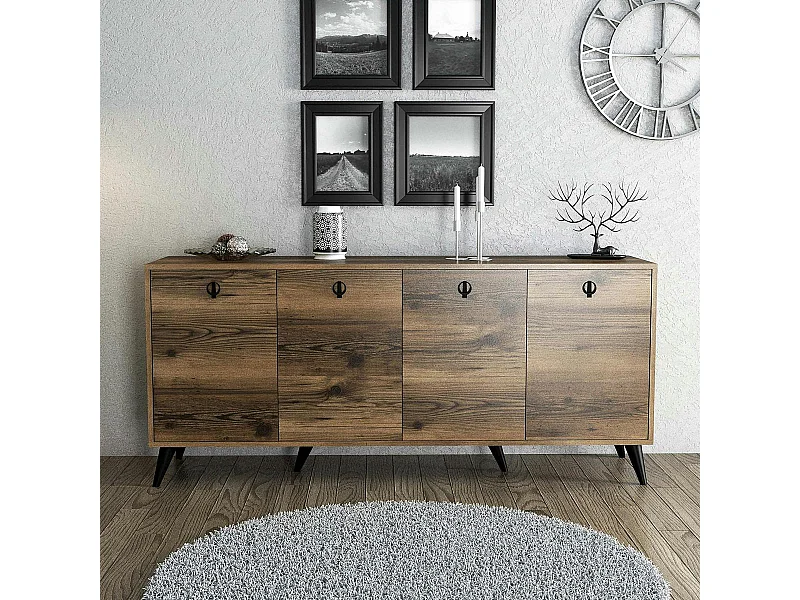 Buffet moderne 4 portes effet noyer, poignées à anneaux UMEA