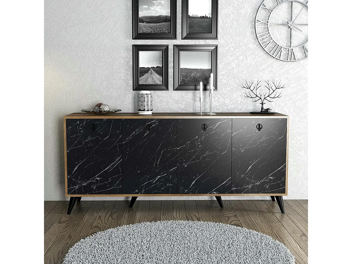Buffet design moderne 4 portes, façade effet marbre noir UMEA