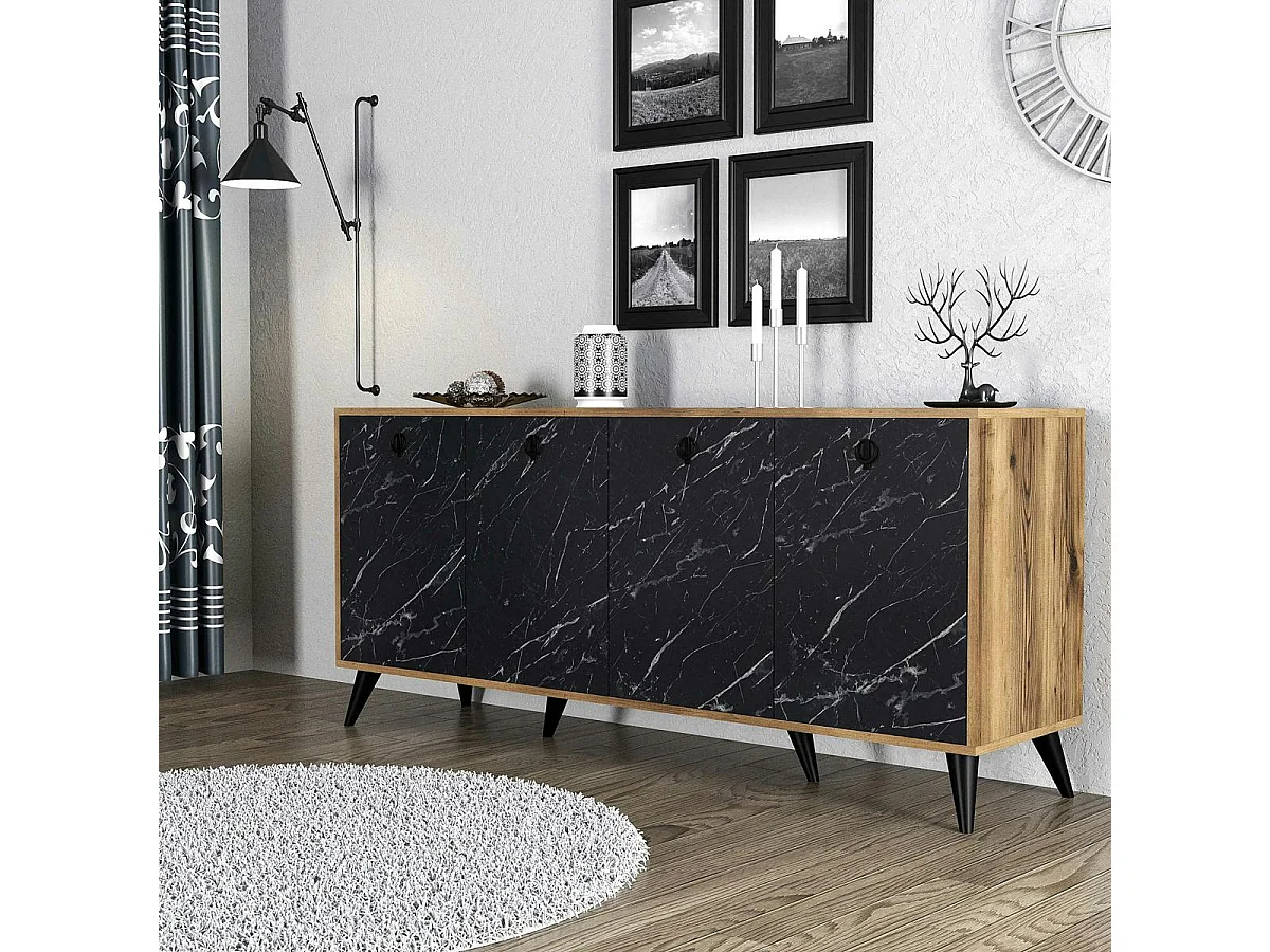 Buffet design moderne 4 portes, façade effet marbre noir UMEA