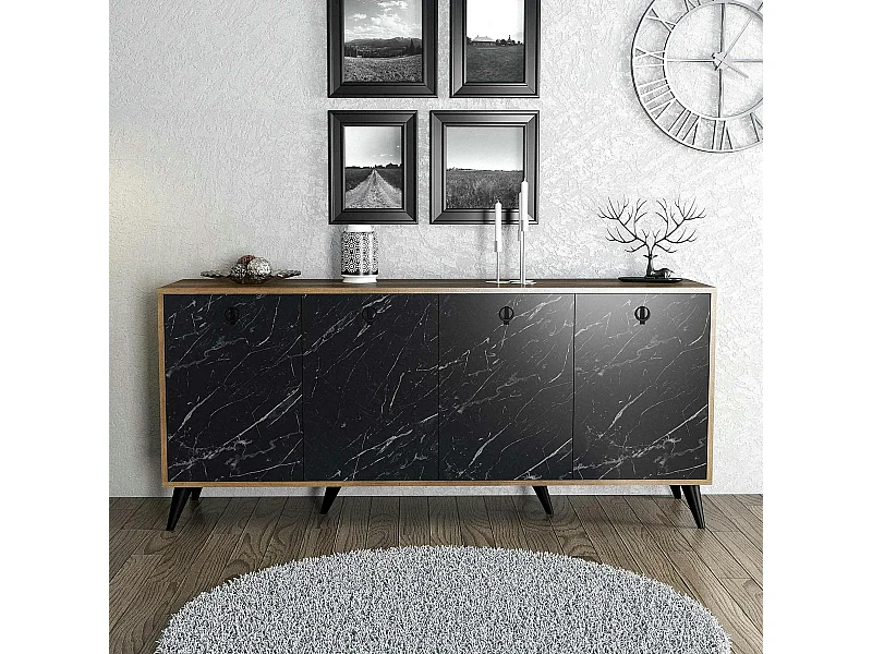 Buffet design moderne 4 portes, façade effet marbre noir UMEA