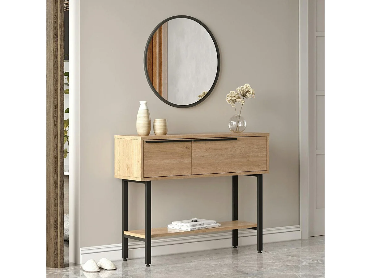 Console d'entrée rangement 2 portes décor bois et miroir JENA