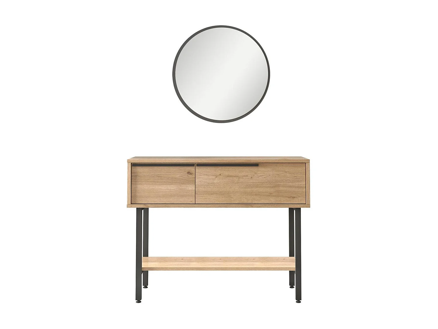 Console d'entrée rangement 2 portes décor bois et miroir JENA