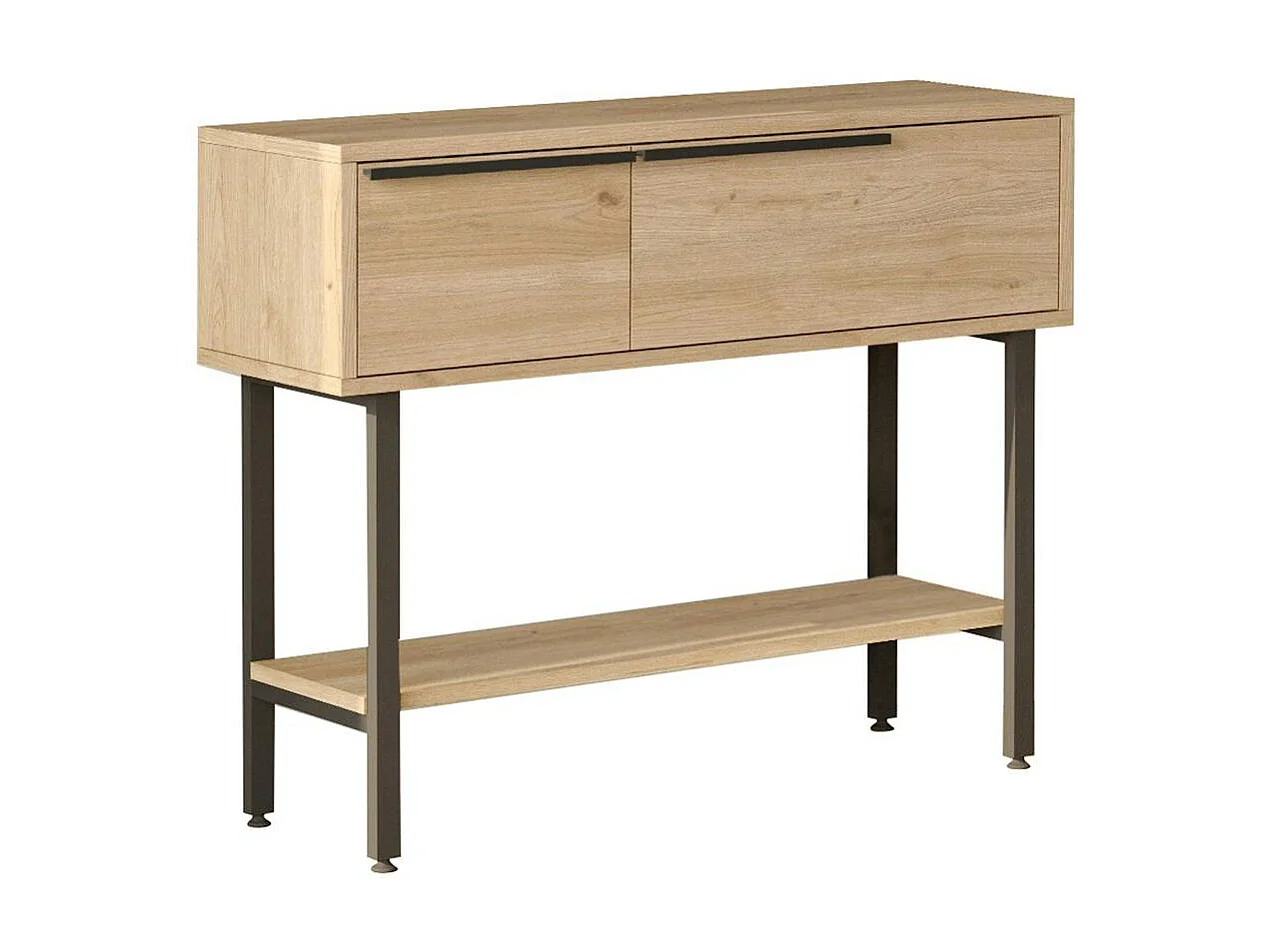 Console d'entrée rangement 2 portes décor bois et miroir JENA