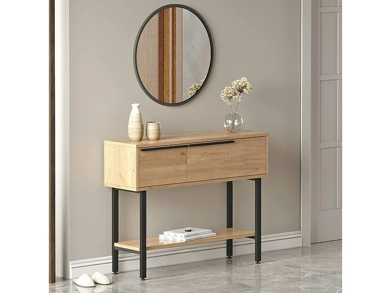 Console d'entrée rangement 2 portes décor bois et miroir JENA