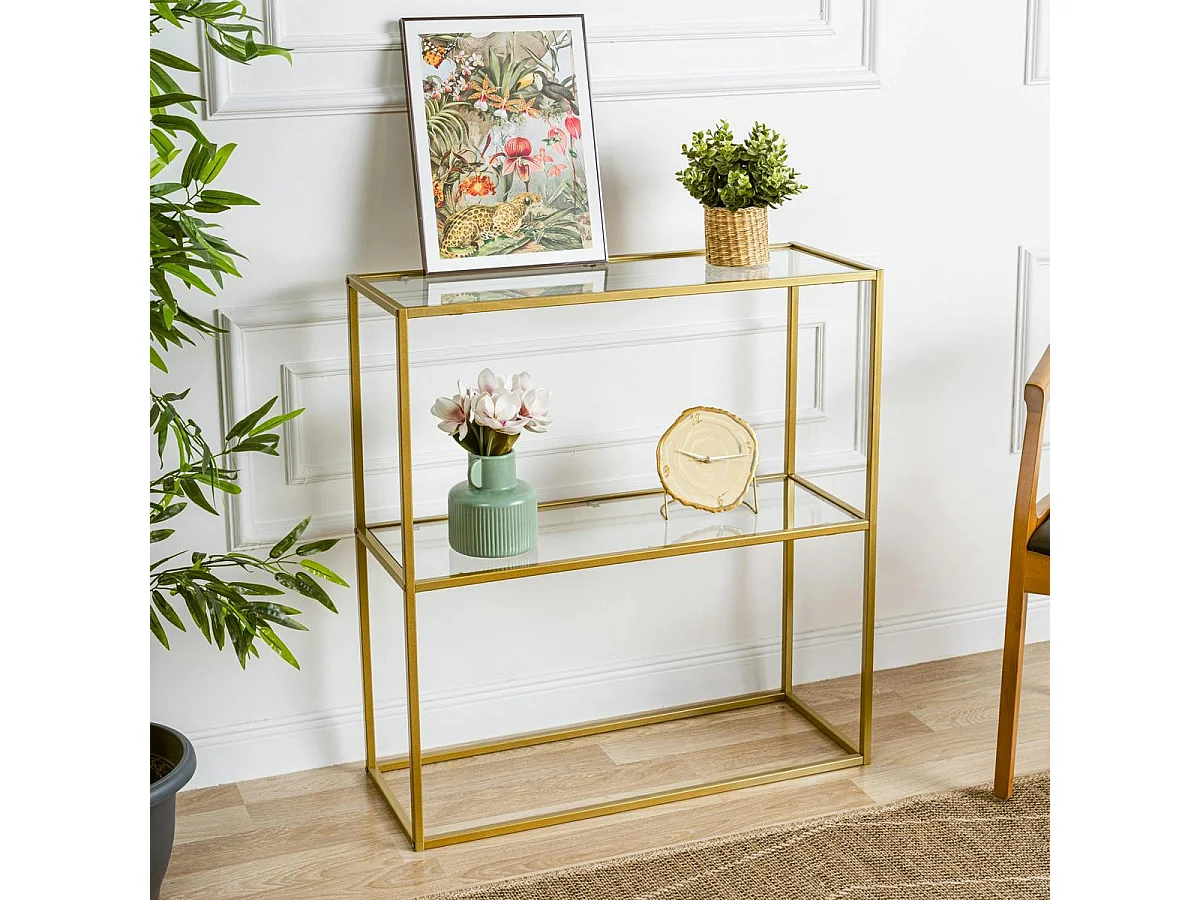 Console d’entrée en verre 2 plateaux structure dorée TULUM