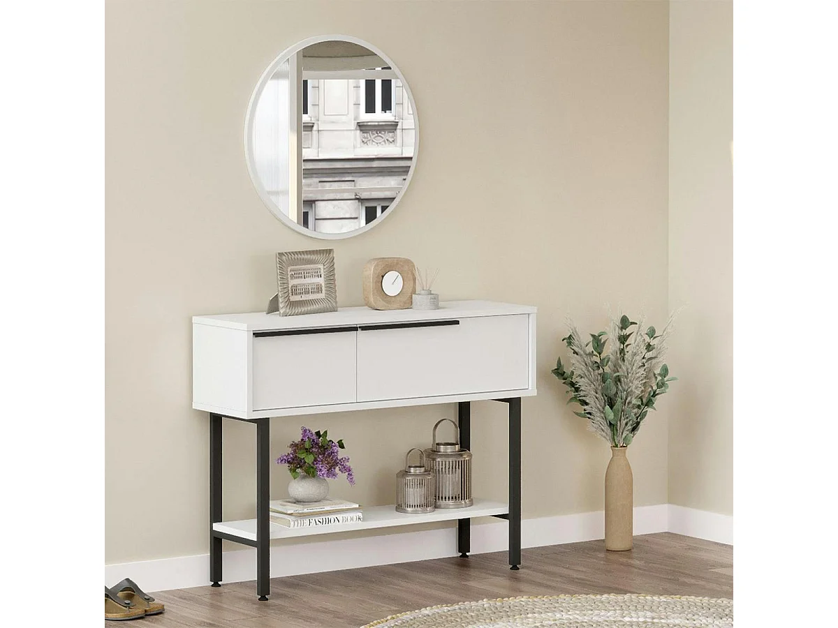 Console d'entrée moderne noir et blanc et miroir rond JENA