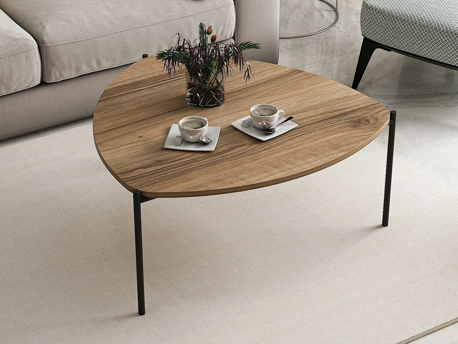 Tavolino ovale Kailua 90x89x40 cm legno noce e metallo nero, design moderno senza contenitore