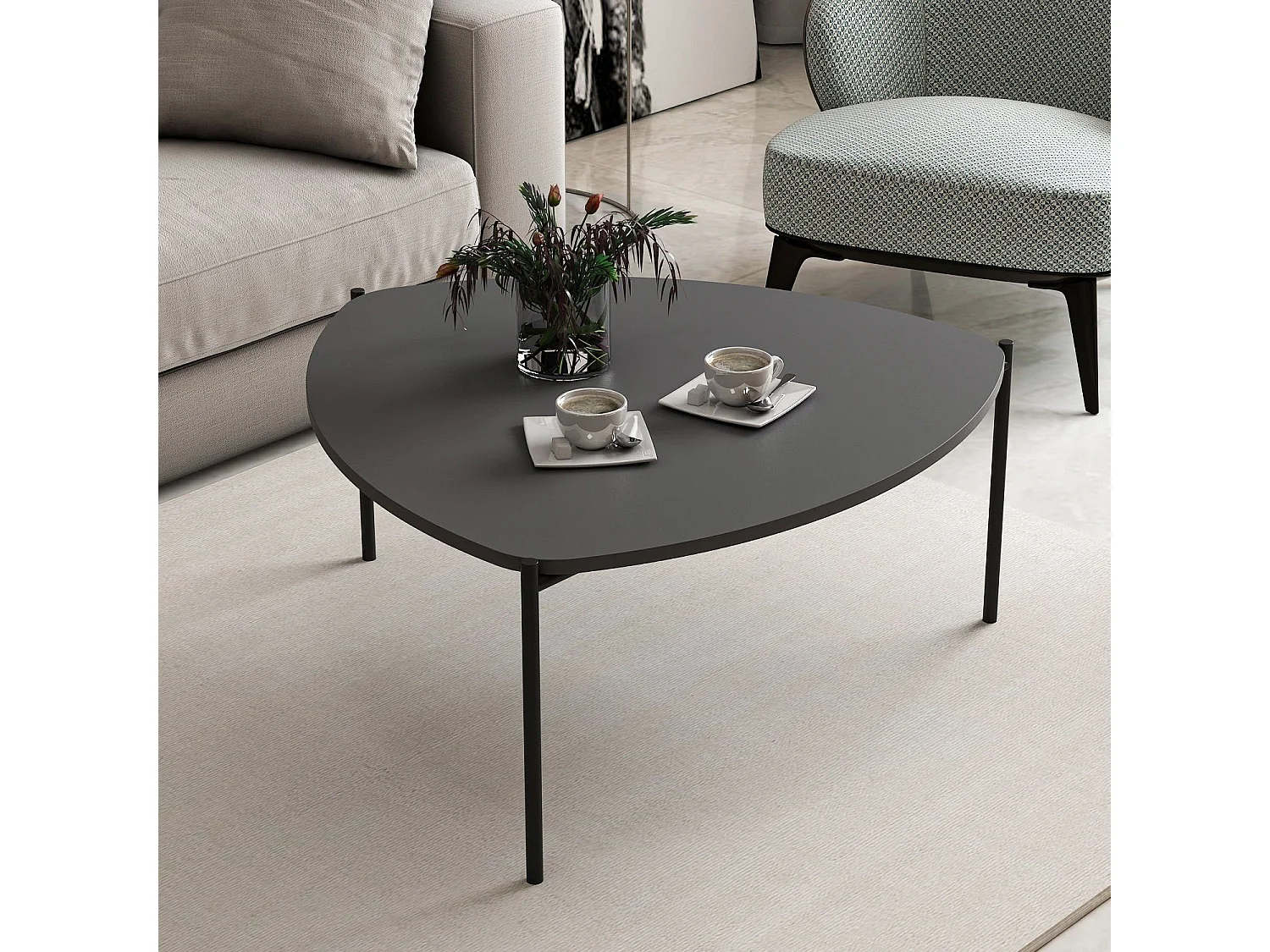 Ovale salontafel Myrtle 90x89 cm antraciet hout en zwarte metalen poten modern design