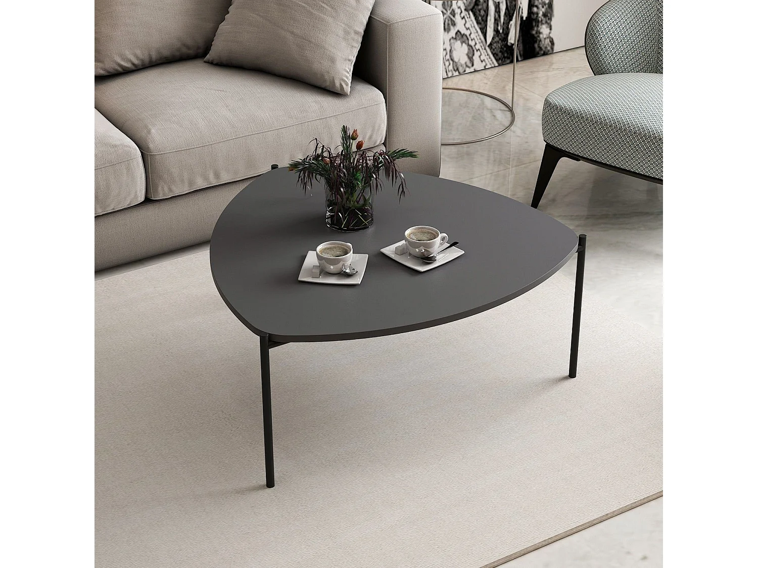 Ovale salontafel Myrtle 90x89 cm antraciet hout en zwarte metalen poten modern design