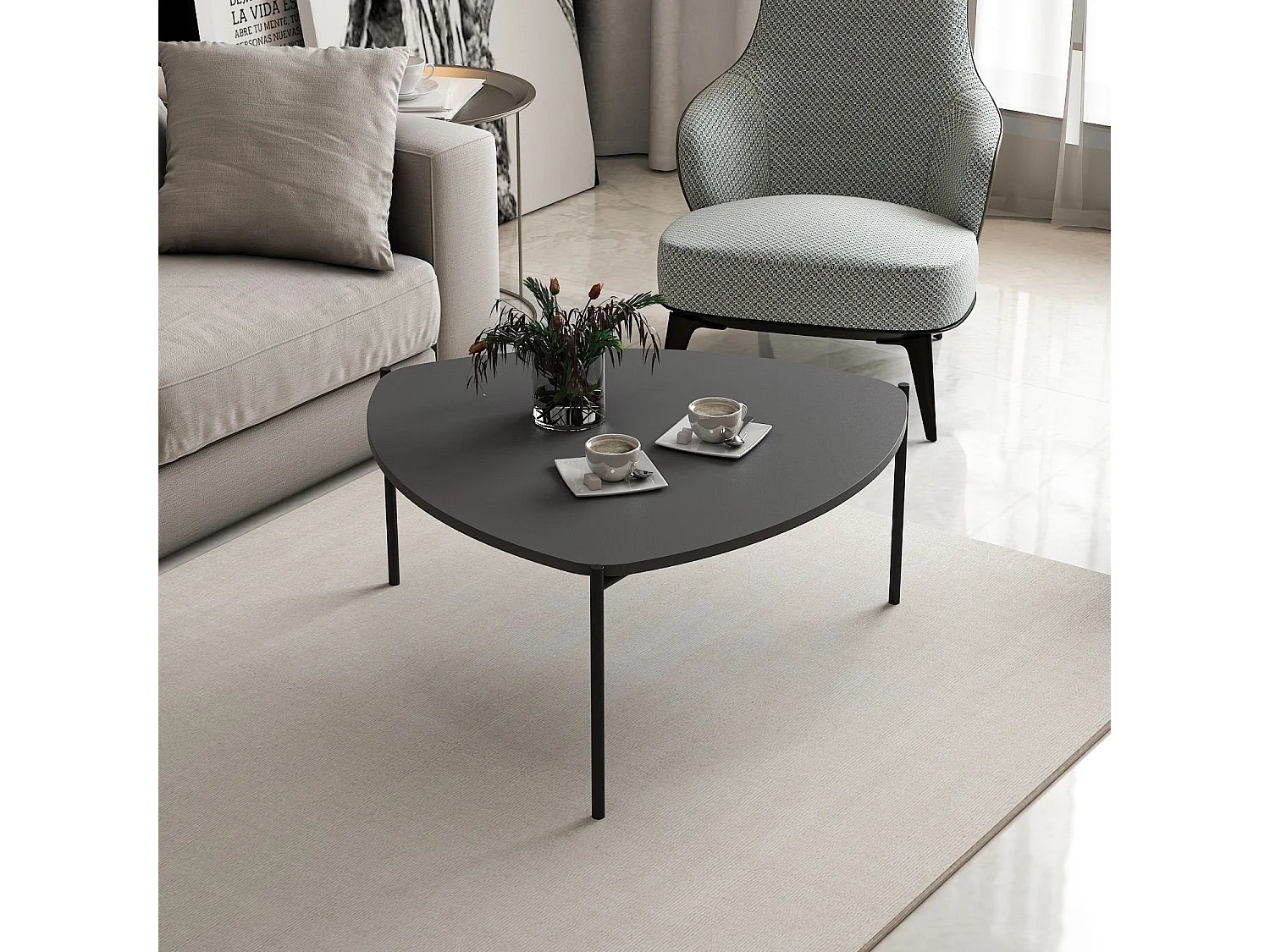 Ovale salontafel Myrtle 90x89 cm antraciet hout en zwarte metalen poten modern design