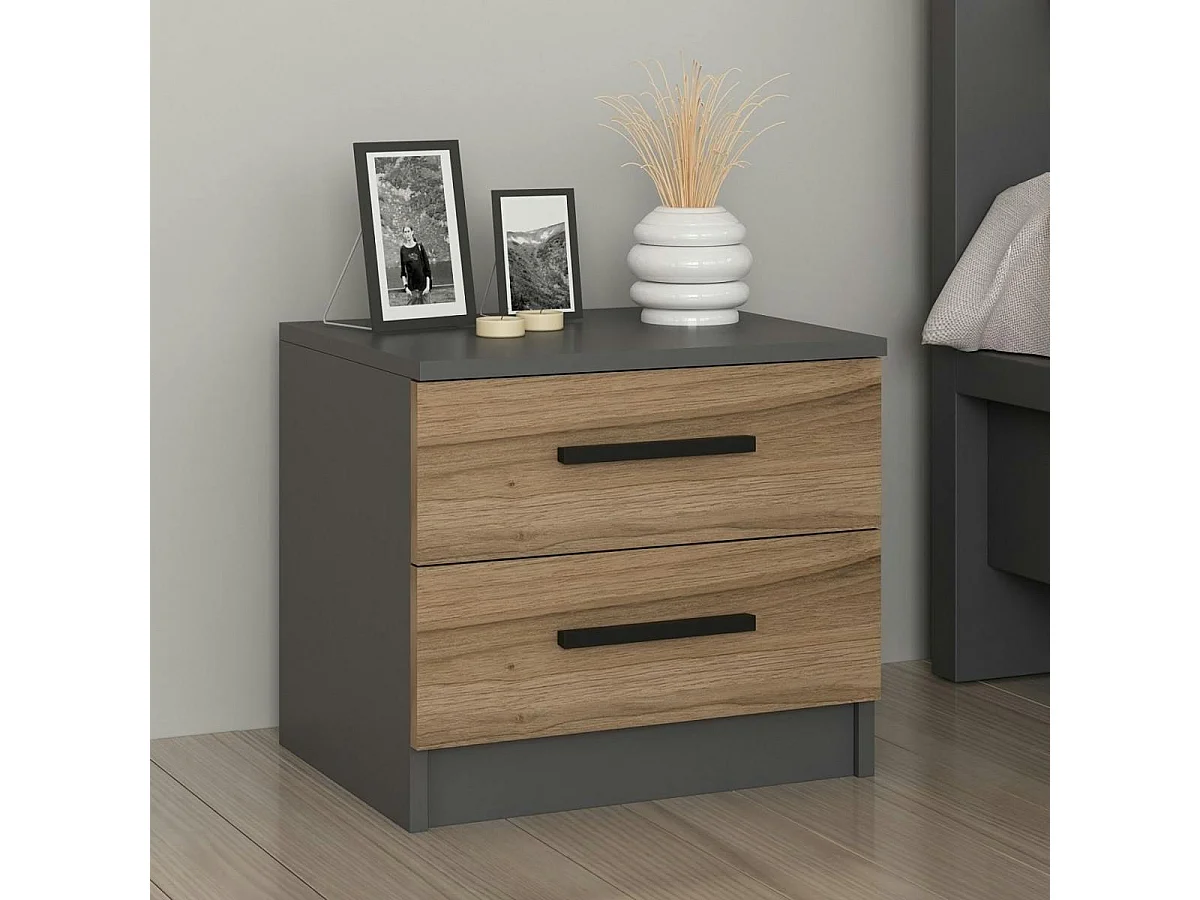 Table de chevet grise 2 tiroirs décor bois MARFA