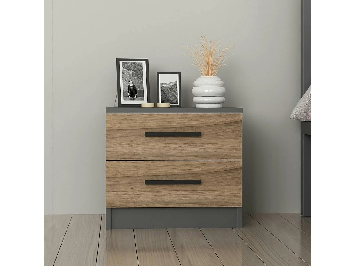 Table de chevet grise 2 tiroirs décor bois MARFA