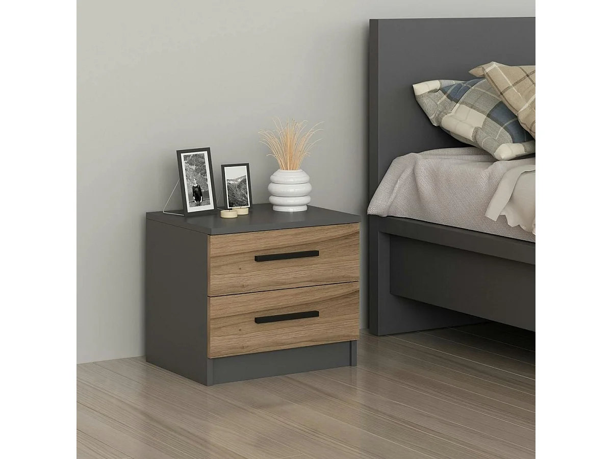 Table de chevet grise 2 tiroirs décor bois MARFA