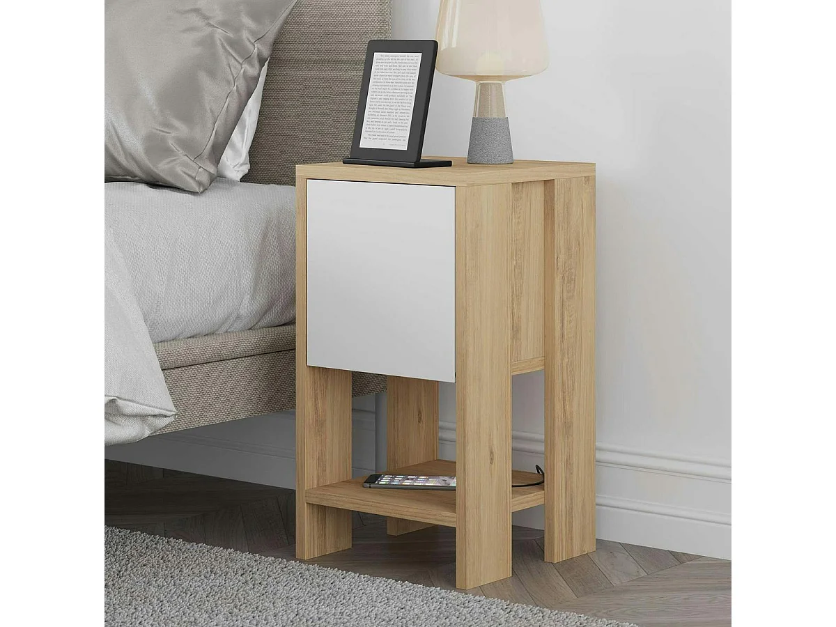 Table de chevet étroite décor bois porte blanche MARFA