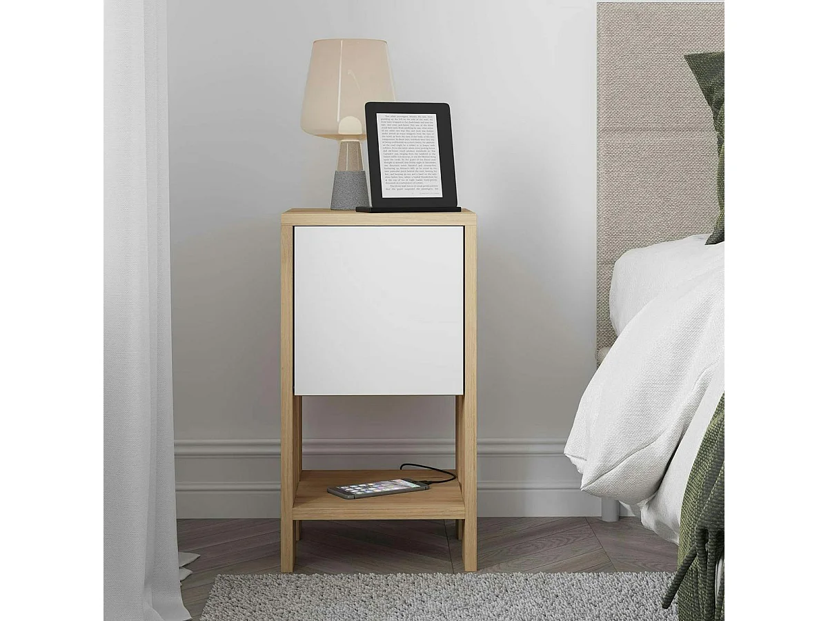 Table de chevet étroite décor bois porte blanche MARFA