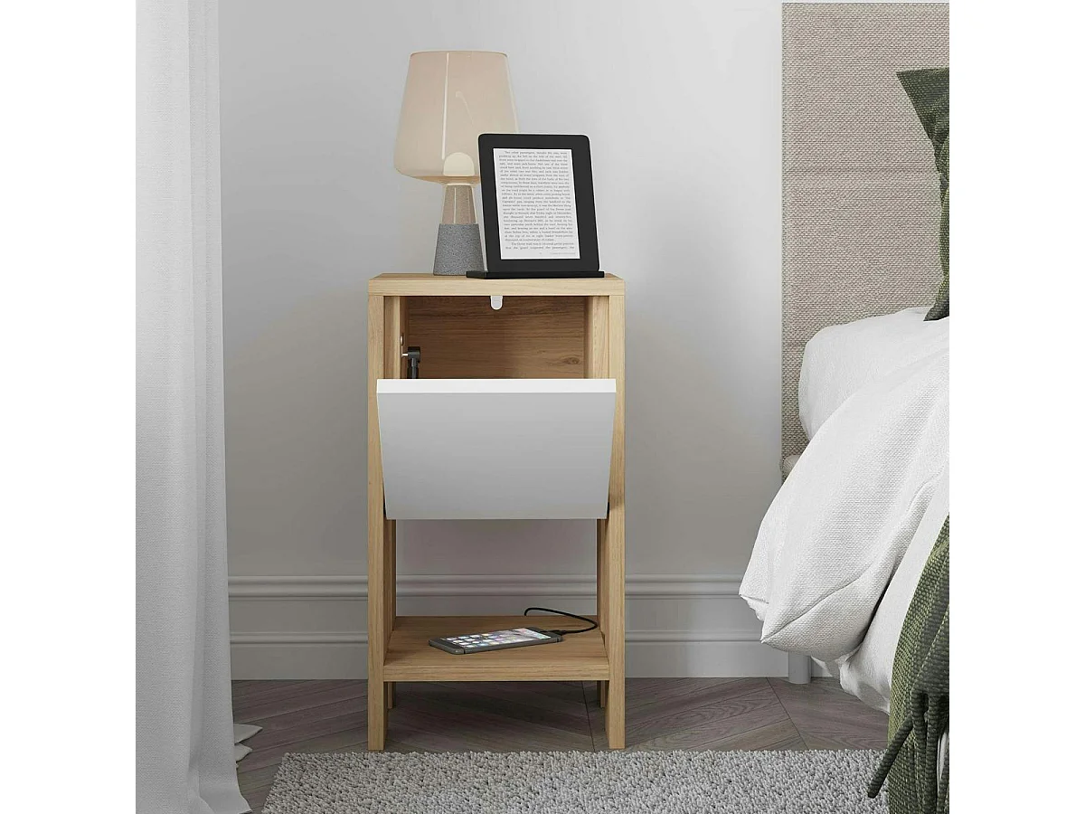 Table de chevet étroite décor bois porte blanche MARFA