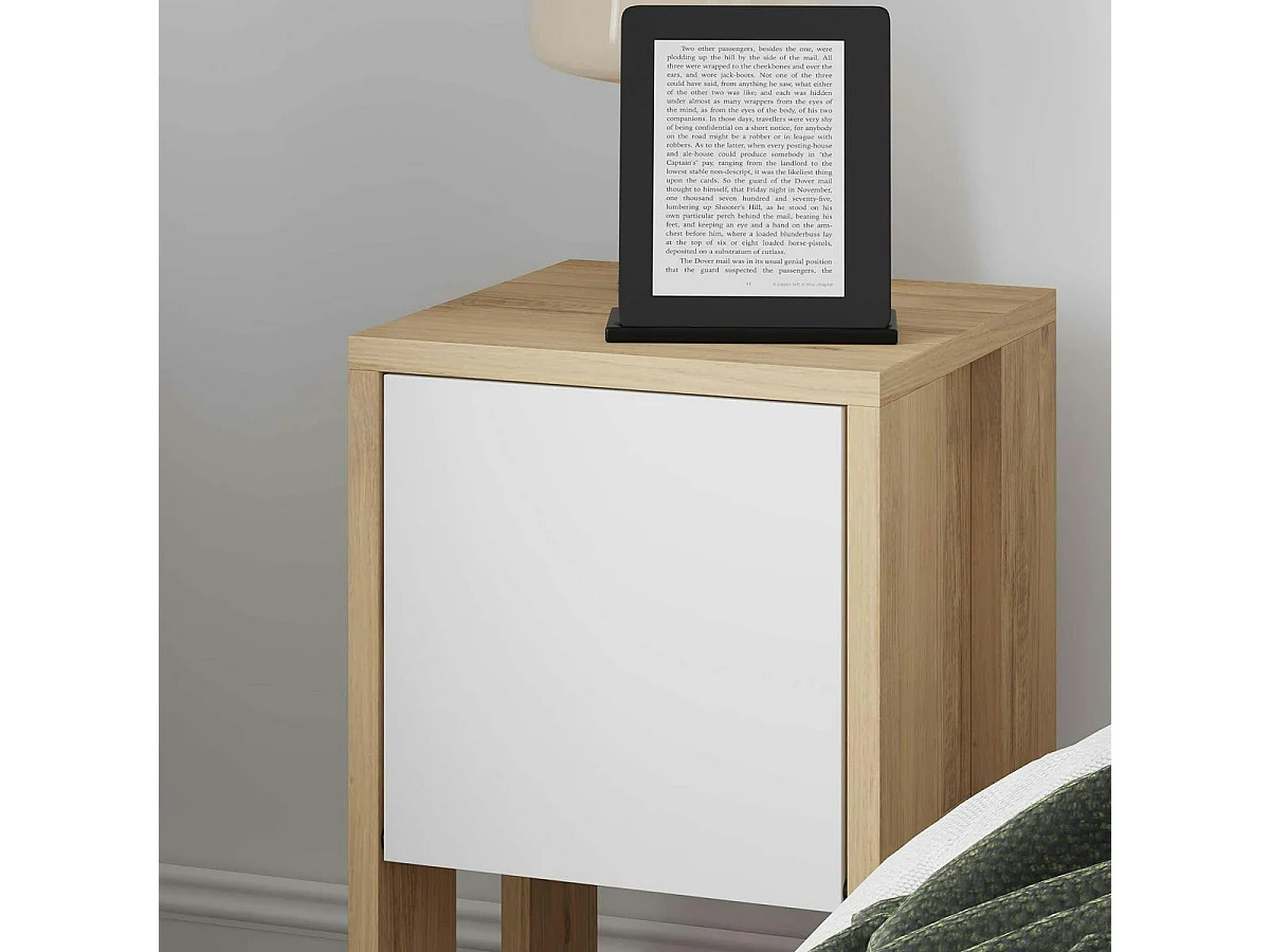 Table de chevet étroite décor bois porte blanche MARFA